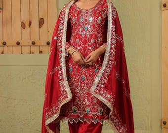Embroidered Crepe Punjabi Suit: Dhoti Salwar Kameez, Dupatta - Indian Wedding