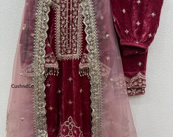 Salwar Kameez de terciopelo bordado: Traje Kurta Palazzo