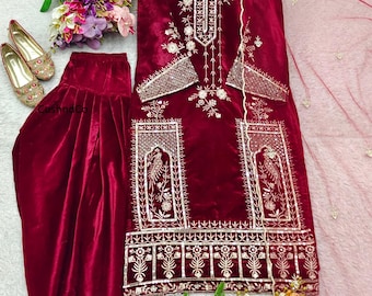 Embroidered Velvet Salwar Kameez: Red Kurta Patiyala Suit