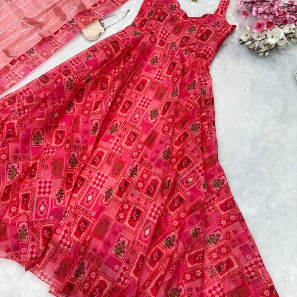 Digital Print Organza Anarkali Gown with Dupatta - Wedding Party Wear