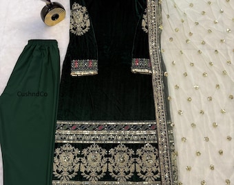 Conjunto de kurta, pantalón y dupatta de terciopelo bordado, salwar kameez indio con trabajo artesanal