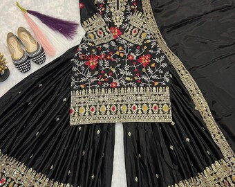 Salwar Kameez pakistaní negro: traje Sharara de seda chinnon bordado con dupatta