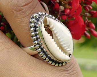 Boho Cowrie Shell Sterling Silver Ring - Handmade Statement Jewelry, Gift For Her