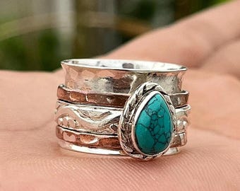 Handmade Teardrop Turquoise Ring: Sterling Silver Boho Fidget Spinner