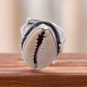 Puede incluir: Anillo de plata con una concha de cauri natural. La concha, de color crema, tiene una superficie texturizada y está engastada en una banda de plata detallada. Se muestra sobre una superficie de madera.