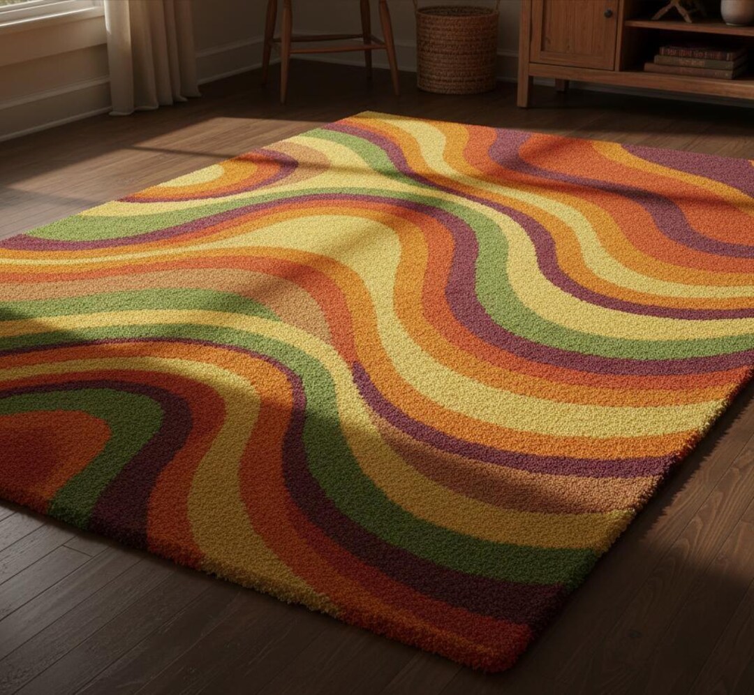 Retro Wavy Pattern Rug – Colorful 70s Style Abstract Tufted Carpet ...