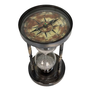 Temporizador de arena de latón, reloj de arena con brújula, detalle náutico para el hogar, regalo atemporal, temporizador náutico de latón antiguo, decoración atemporal para el hogar y la oficina.
