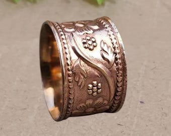 Pure Copper Band Ring, Floral Statement, Handmade Artisan Jewelry