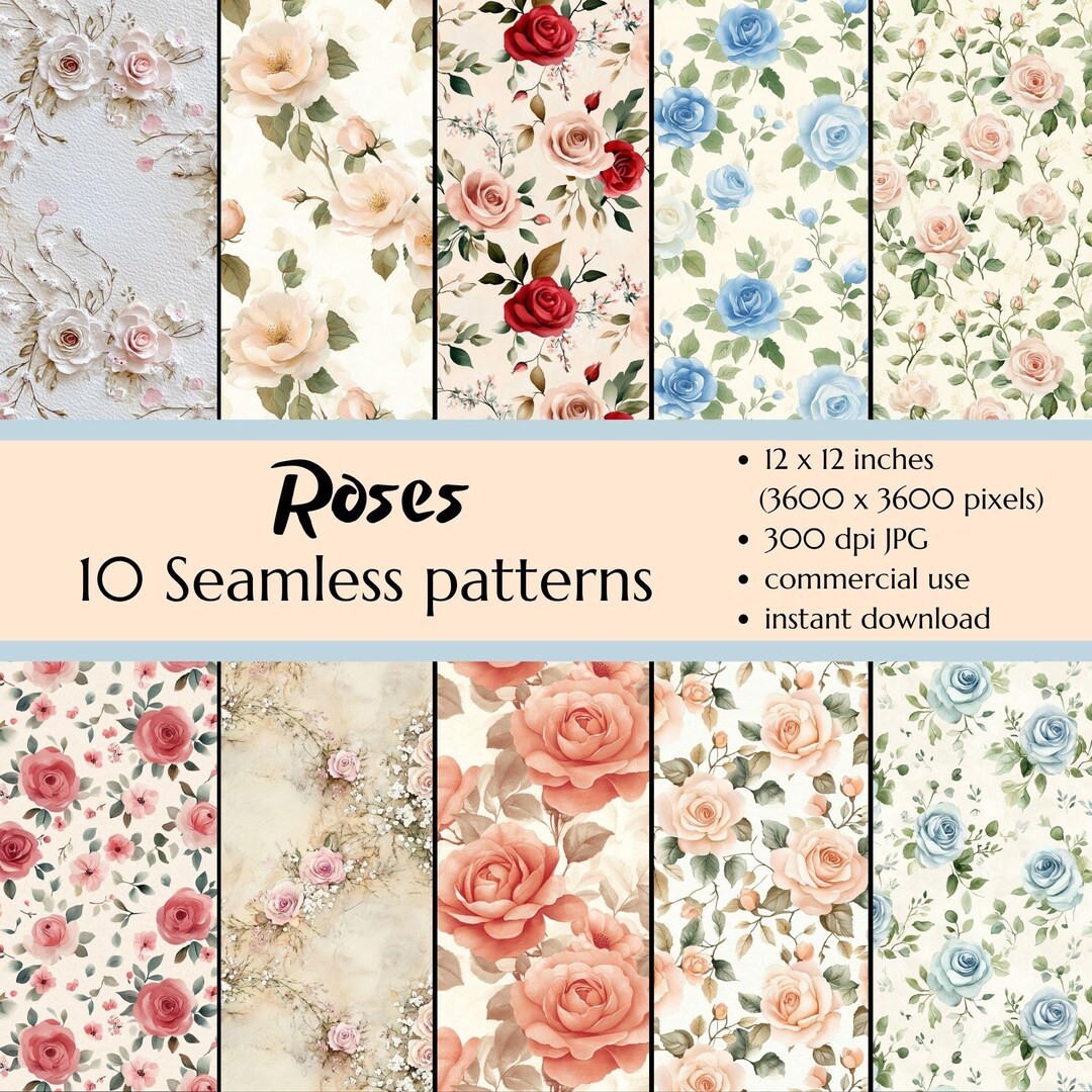 Roses Seamless Pattern Digital Paper: Floral Scrapbook Fabric (digital ...