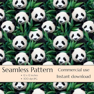 May include: Seamless pattern featuring adorable panda bears with black and white fur, set against a backdrop of green bamboo leaves. The design is repeated across the image. The text reads "Seamless Pattern" and "Commercial use". The pattern is 12 x 12 inches.