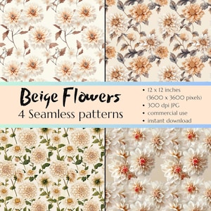 Beige Flowers Digital Seamless Pattern - 4 Digital Papers for Crafts - Repeating Patterns - Commercial Use - High Quality - Digital Paper