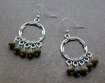 Choose Unakite Aventurine or Amethyst Stone Charm Tribal Silver Chandelier Earrings