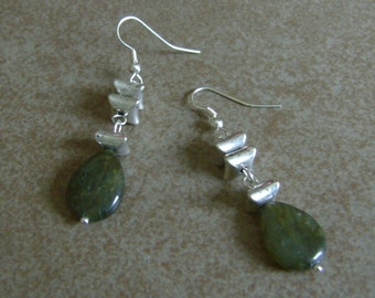 Labradorite Teardrop Beaded Silver Asian Design Earrings