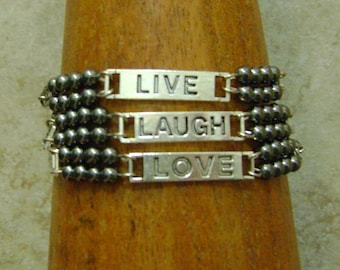 Live Laugh Love Hematite Beaded Inspirational Charm Linked Bracelet