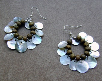Mother of Pearl Charm Wood Beaded Hoop Earrings