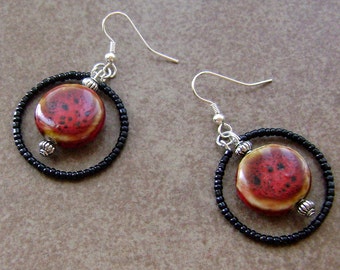 Ceramic Hand Painted Charm Glass Beaded Silver Hoop Earrings