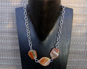 Sliced Banded Carnelian Agate Stone Pendant Silver Chain Necklace