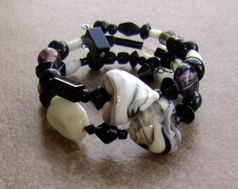 Stainless Steel Black Glass Double Heart Beaded Cuff Charm Bracelet