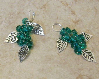 Spring Green Faceted Crystal Beaded Charm Leaf Earings