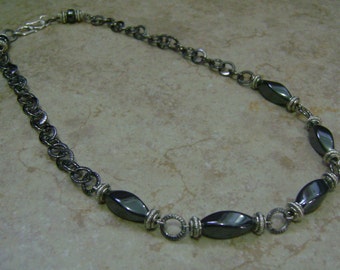 Men's Hematite Twisted Stone Beaded Silver Chain Necklace
