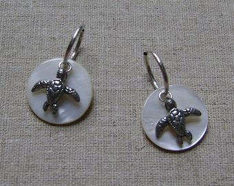 Sterling Silver Mother of Pearl Pewter Turtle Charm Hoop Earrings