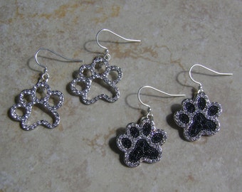 Just Paws Silver Crystal Jewel Cat or Dog Paw Charm Earrings YOU CHOOSE!