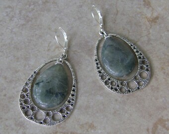 Labradorite Teardrop Beaded Silver Hoop Charm Earrings