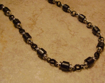 Men's Hematite Stone Bead & Chain Linked Silver Necklace