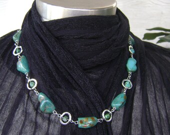 Turquoise Nugget Stone Beaded Silver Chain Linked Necklace