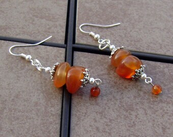 Carnelian Agate Stone Beaded Silver Earrings