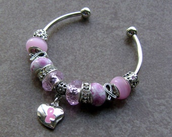 Breast Cancer Awareness Big Hole Charm Beaded Silver Cuff Bracelet