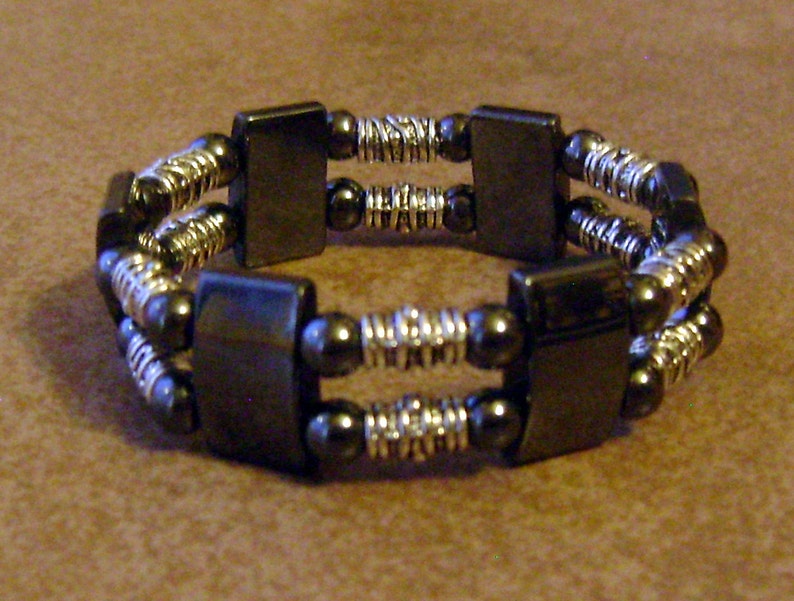 Men's Hematite Stone Double Beaded Silver Stretch Bracelet image 1