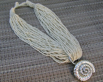 Nautical Beige Beaded Sea Shell Pendant Necklace