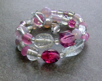 Stainless Steel Pink Glass Beaded Cuff Charm Bracelet