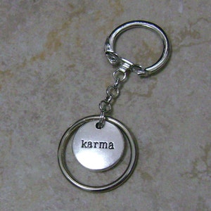 Karma - Round Silver Metal Stamped Double Side Charm Key Chain