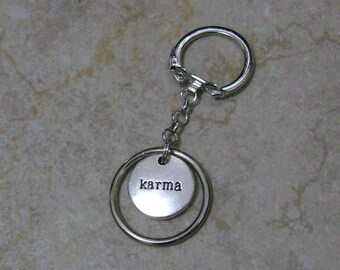 Karma - Round Silver Metal Stamped Double Side Charm Key Chain