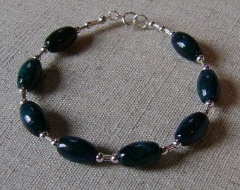 Chrysicolla Azurite Stone Beaded Sterling Silver Bracelet