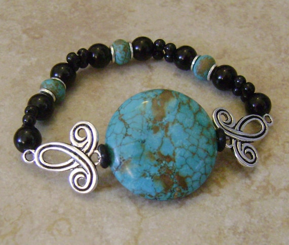 Turquoise Stone Beaded Glass Tibetan Silver Stretch Bracelet