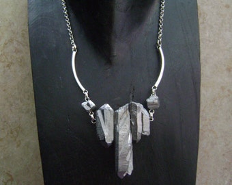 Silver Titanium Quartz Point Crystal Stone Pendant Pyrite Beaded Chain Necklace
