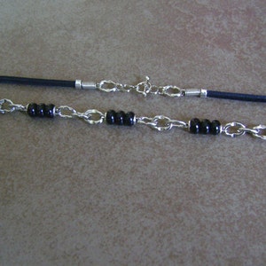 Men&#39;s Black Agate Stone and Leather Chain Linked Necklace