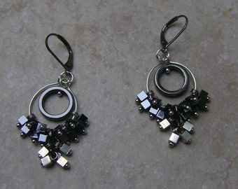 Hematite Layered Circle Beaded Squared Cluster Silver Charm Hoop Earrings