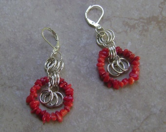 Red Coral Sea Shell Beaded Silver Chain Linked Hoop Earings