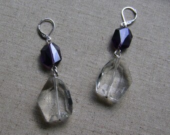 Fancy Purple & Clear Faceted Crystal Glass Charm Earrings