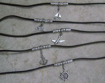 Men's Leather Airplane Motorcycle Sailboat Anchor Helm CHOOSE YOUR CHARM Beaded Necklace