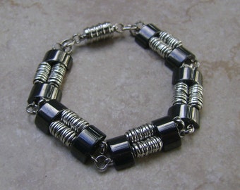 Men's Hematite Stone Beaded Silver Chain Linked Bracelet