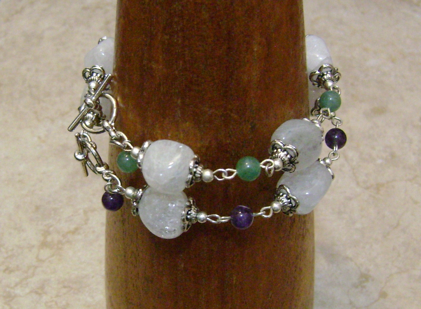 Quartz Crystal Amethyst or Aventurine Stone Beaded Silver Bracelet