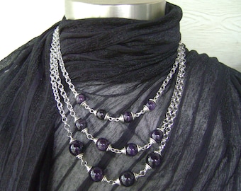 Dark Amethyst Quartz Stone Beaded Tri-Layered Silver Chain Necklace