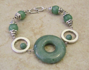 Aventurine Stone Beaded Silver Linked Bracelet