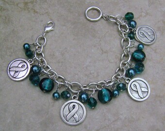 Ovarian Cancer Awareness Reversible Silver Hope Ribbon Charm Bracelet