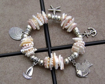 Nautical Sea Shell Beaded Silver Charm Bracelet